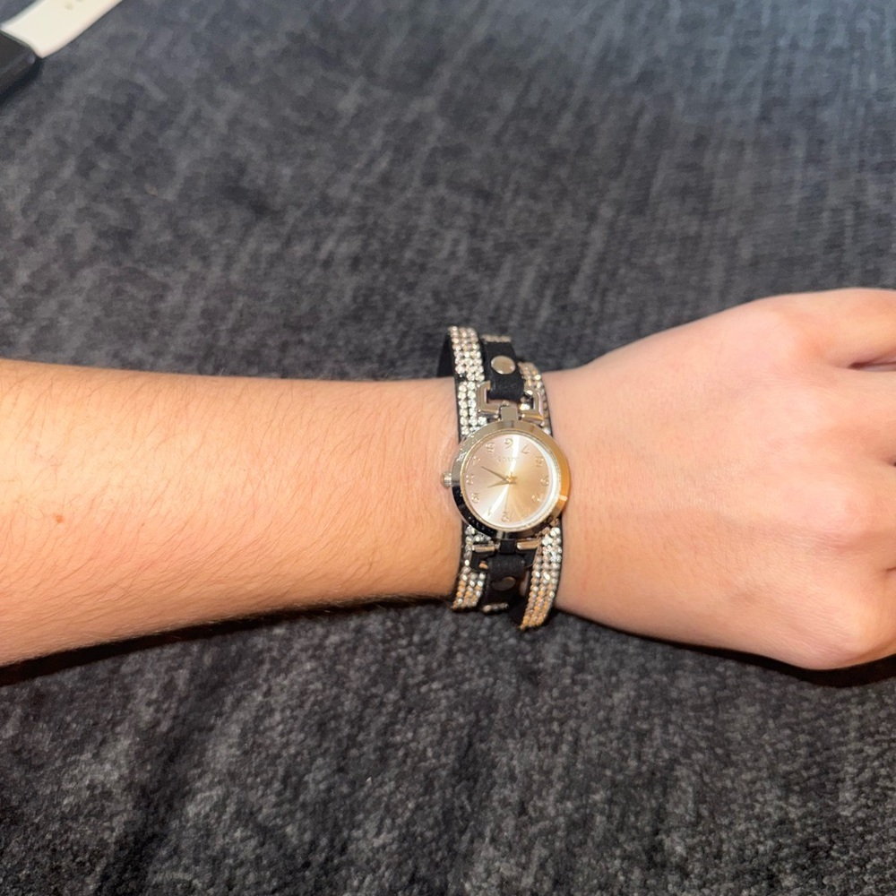 Rhinestone Wrap Bracelet Watch in Black and Silver